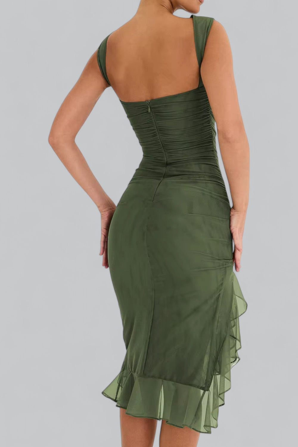 Elegant Ruffle Ruched Midi Dress