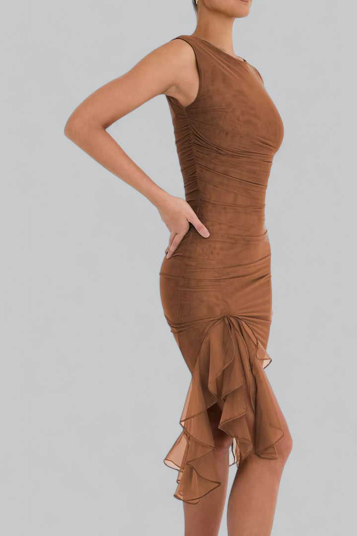 Elegant Ruffle Ruched Midi Dress