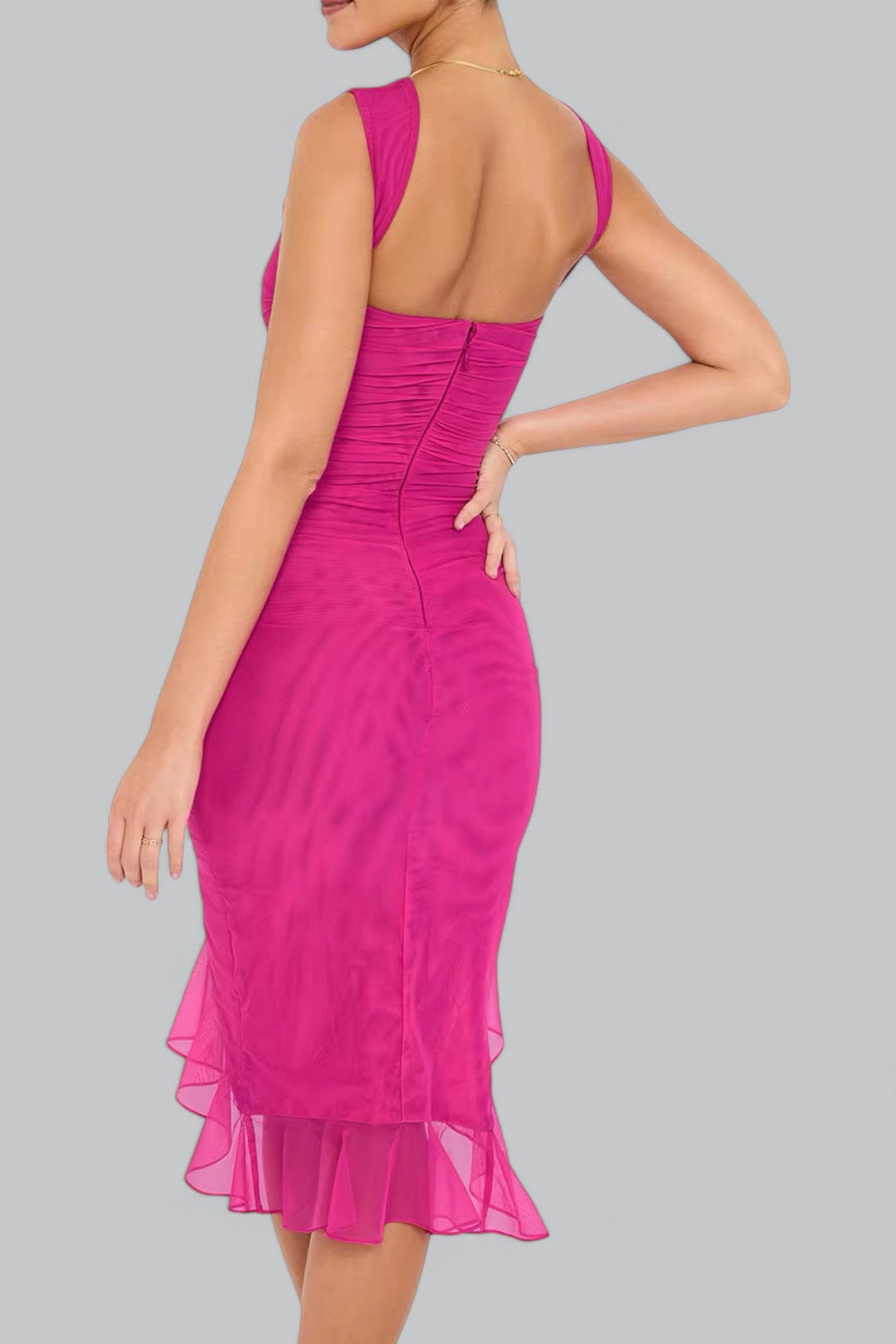 Elegant Ruffle Ruched Midi Dress