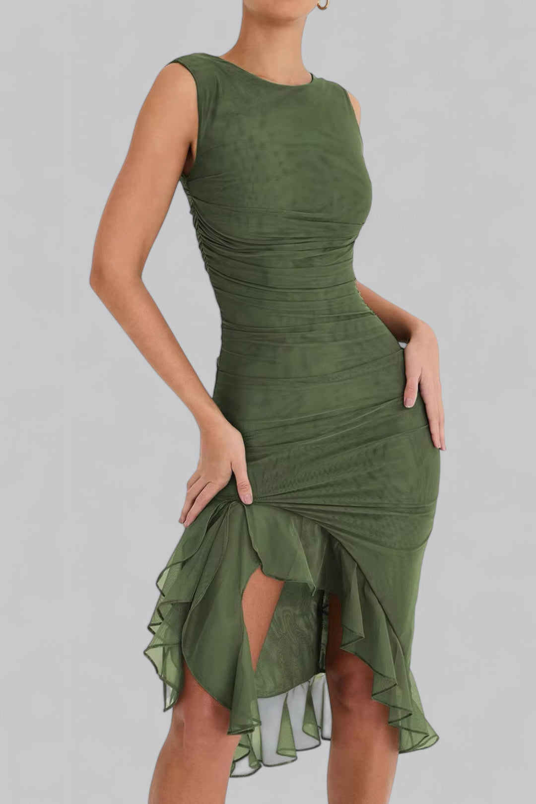 Elegant Ruffle Ruched Midi Dress