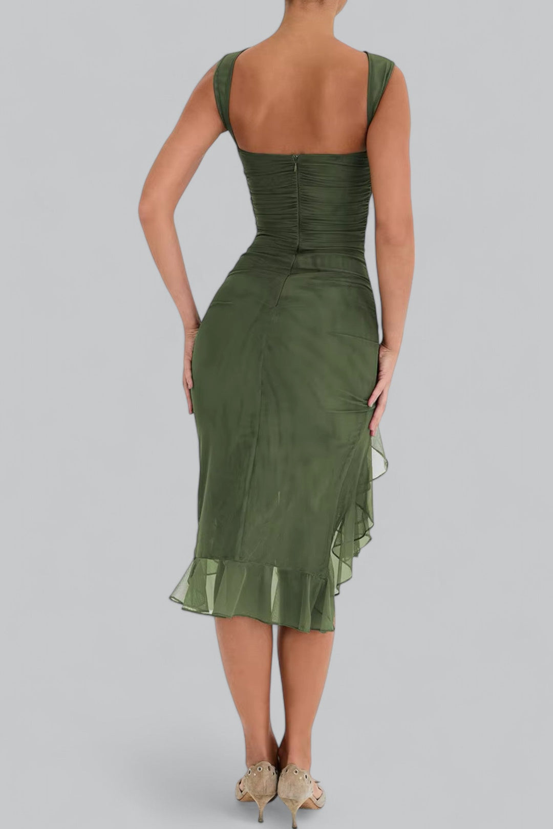 Elegant Ruffle Ruched Midi Dress