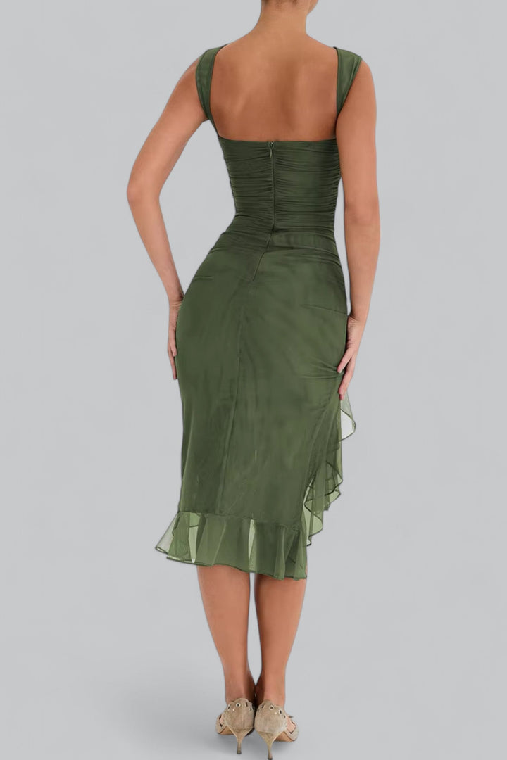 Elegant Ruffle Ruched Midi Dress