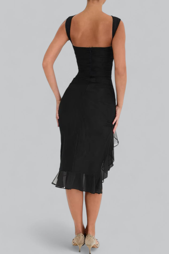 Elegant Ruffle Ruched Midi Dress