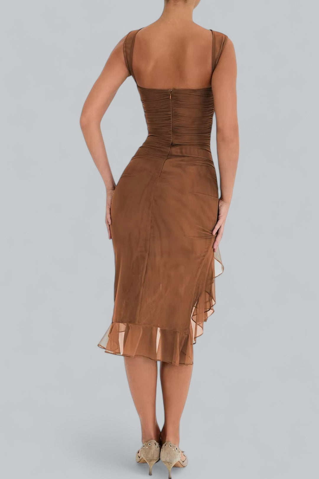 Elegant Ruffle Ruched Midi Dress