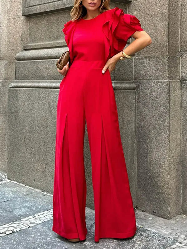 Elegant Ruffle Sleeve Wide Leg Jumpsuit