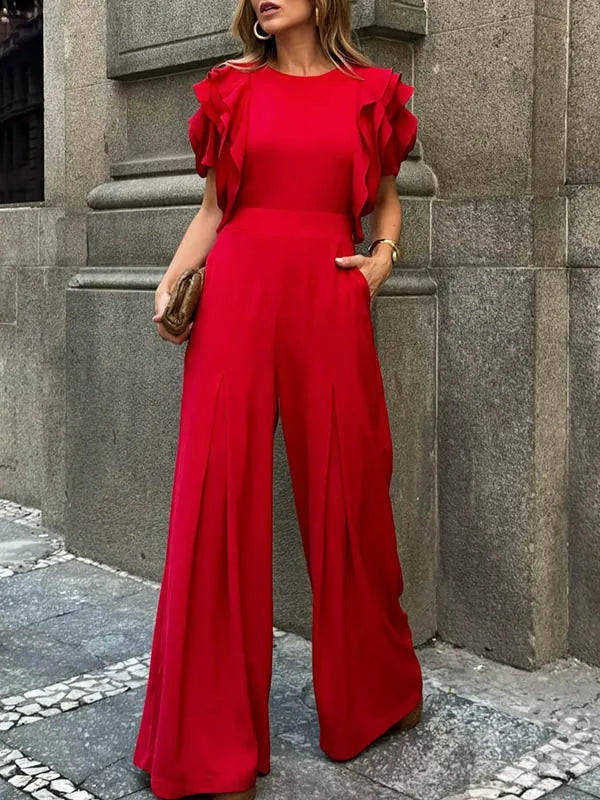 Elegant Ruffle Sleeve Wide Leg Jumpsuit