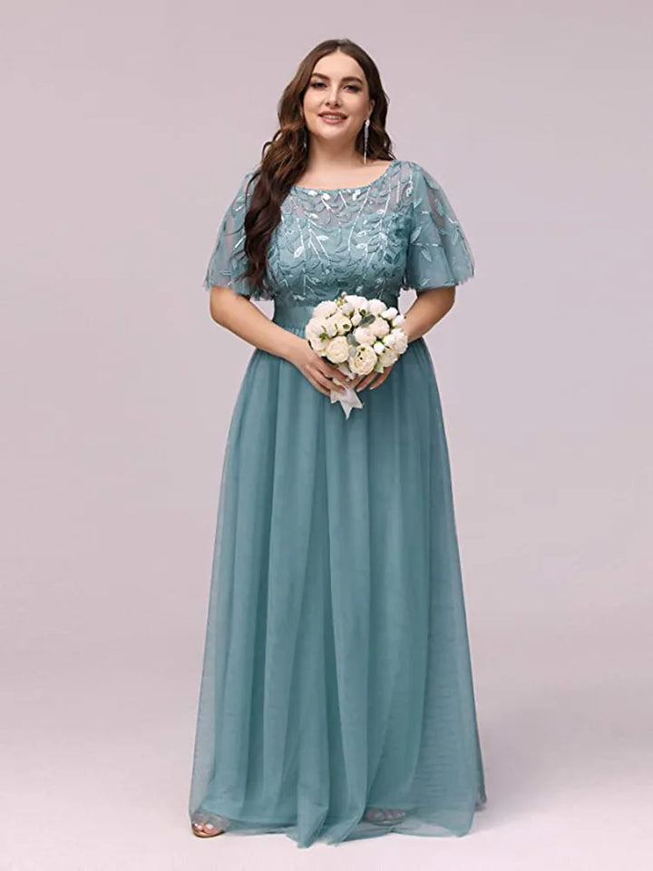 Embroidered Chiffon Flutter Sleeve Maxi Dress