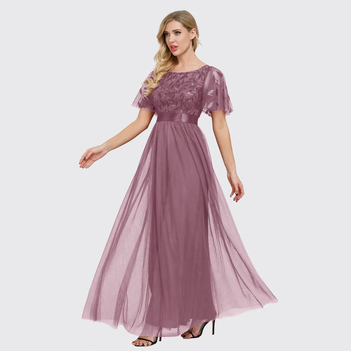 Embroidered Chiffon Flutter Sleeve Maxi Dress
