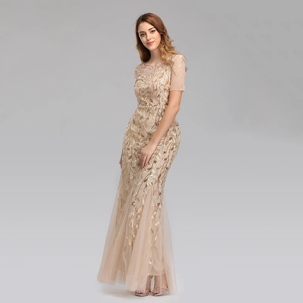  Embroidered Mesh Mermaid Gown