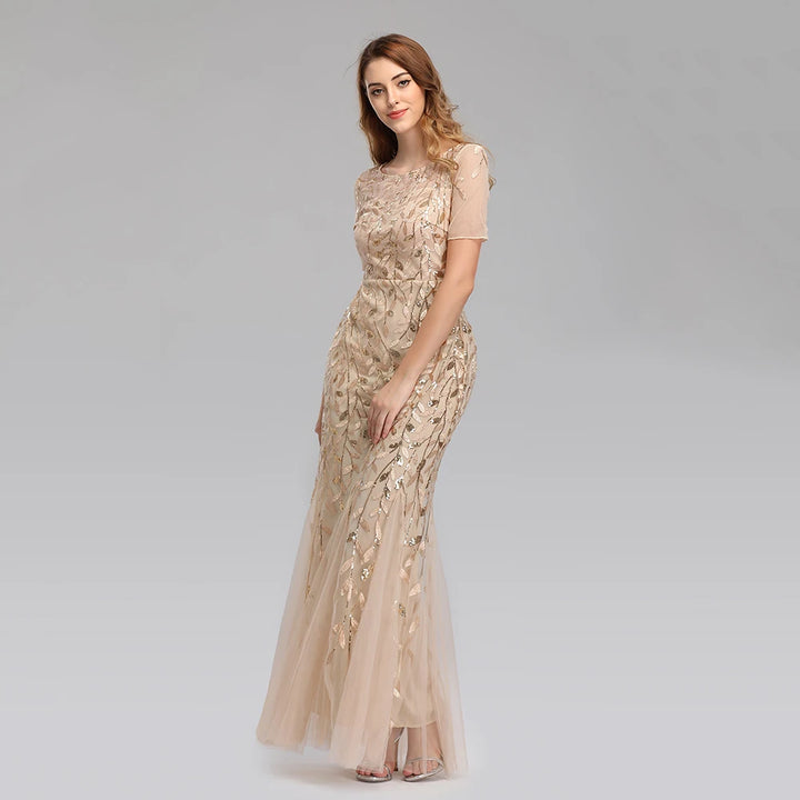  Embroidered Mesh Mermaid Gown