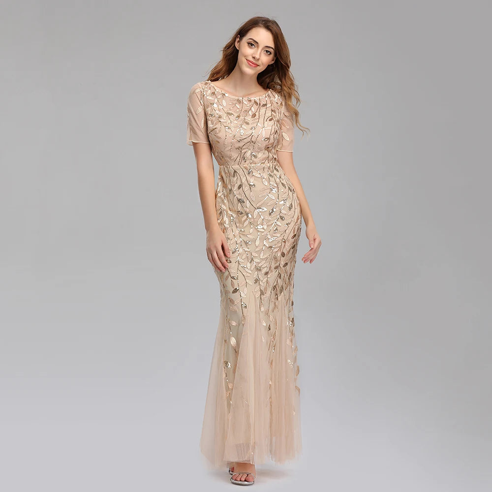  Embroidered Mesh Mermaid Gown