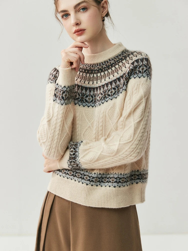 Fair Isle Pure Cashmere Cable Knit Sweater