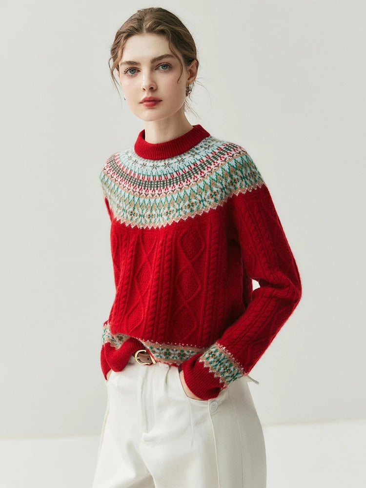 Fair Isle Pure Cashmere Cable Knit Sweater