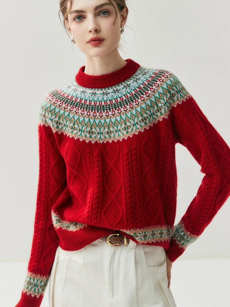 Fair Isle Pure Cashmere Cable Knit Sweater