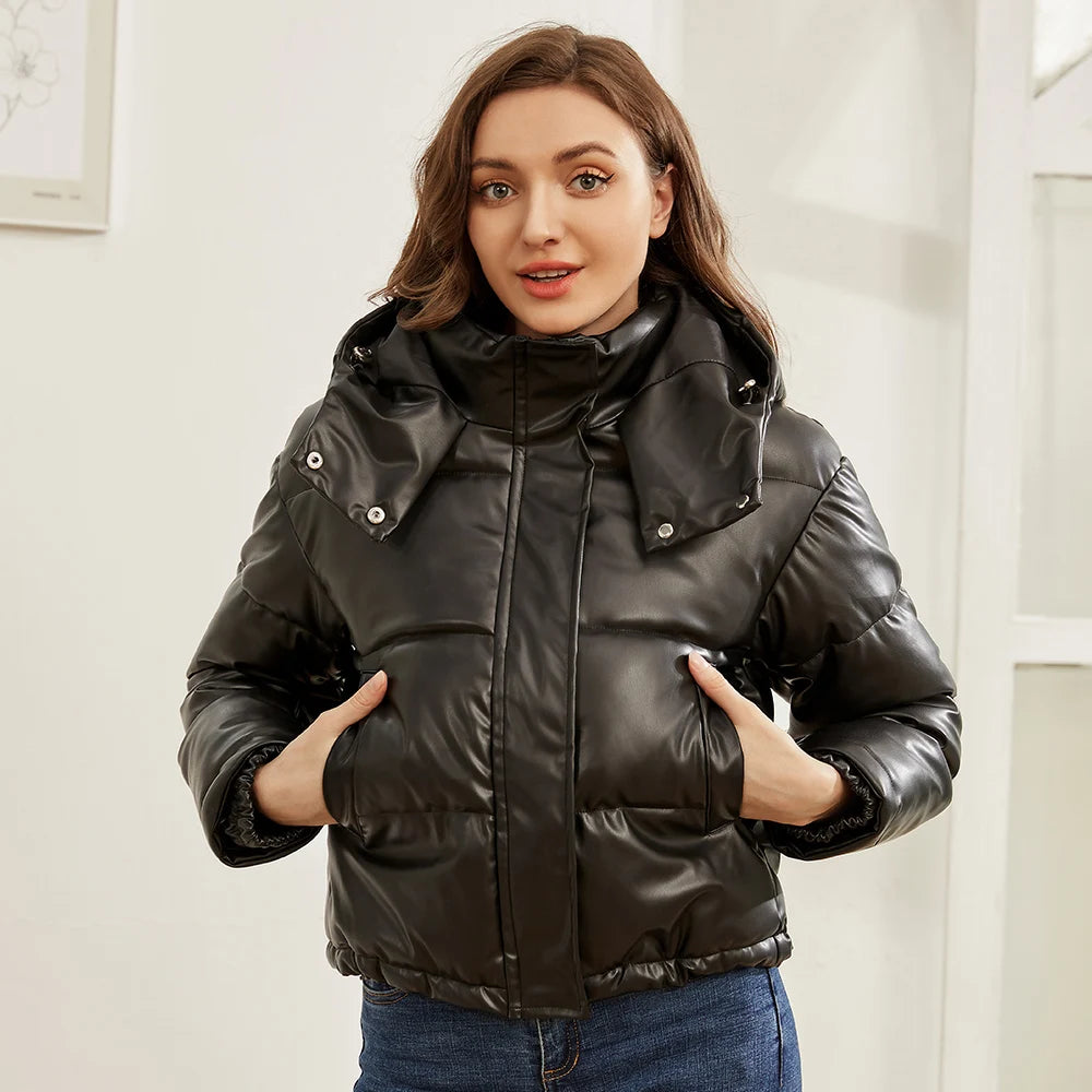 Faux Leather Hooded Puffer Jacket