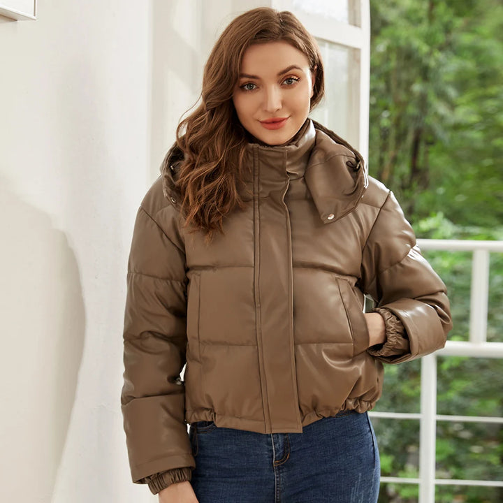Faux Leather Hooded Puffer Jacket