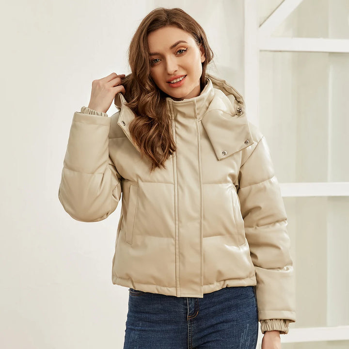 Faux Leather Hooded Puffer Jacket