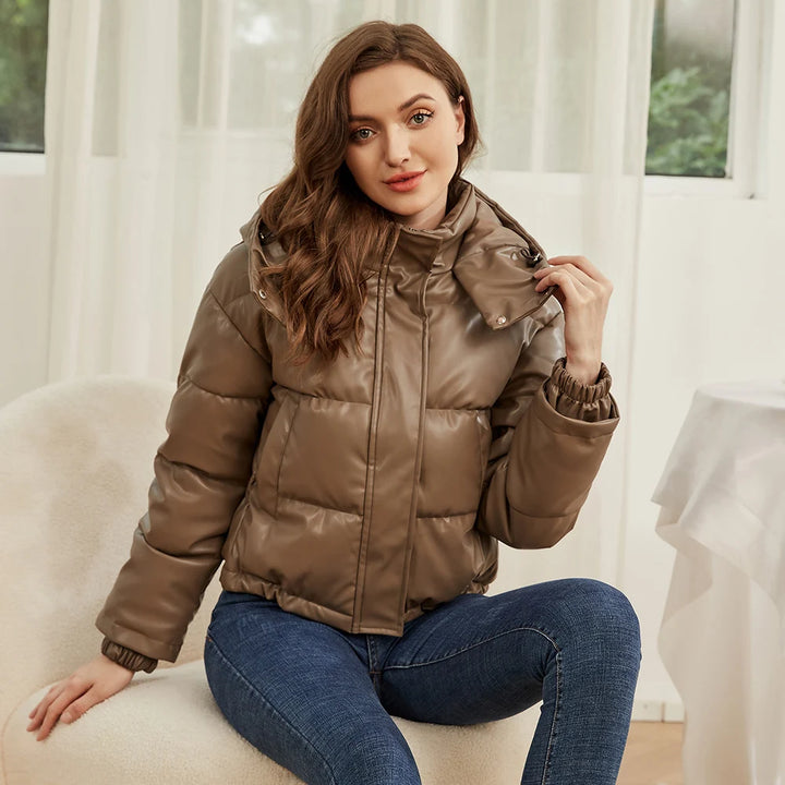 Faux Leather Hooded Puffer Jacket