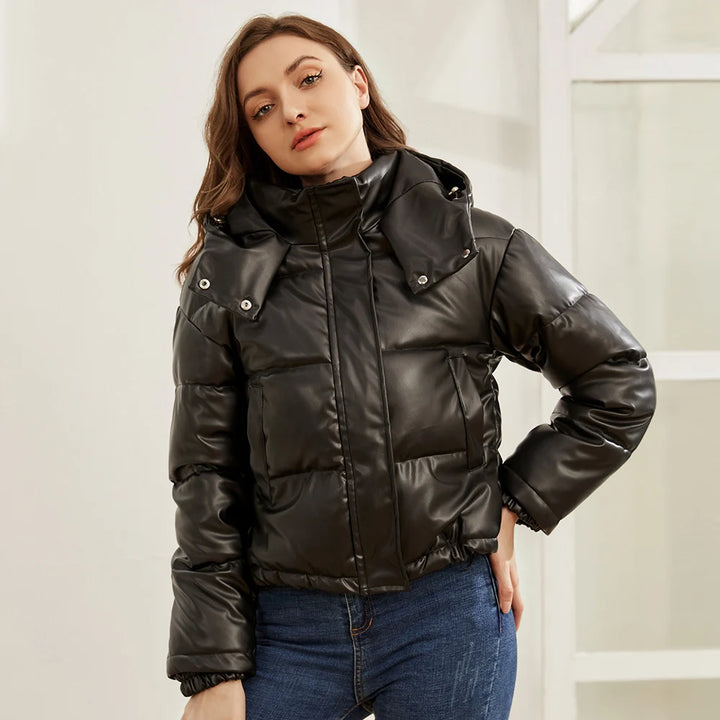 Faux Leather Hooded Puffer Jacket