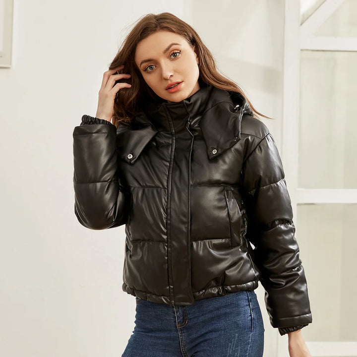 Faux Leather Hooded Puffer Jacket