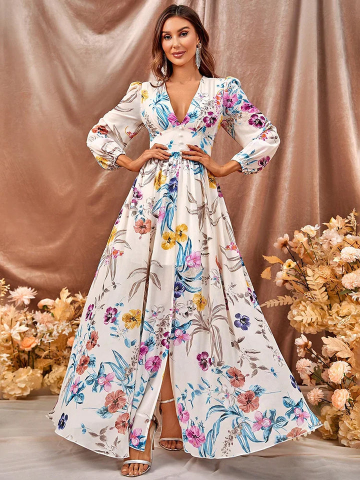 Floral Maxi Deep V-Neck Dress