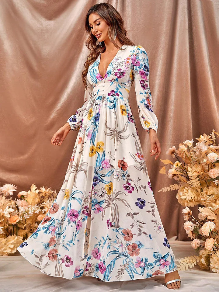 Floral Maxi Deep V-Neck Dress