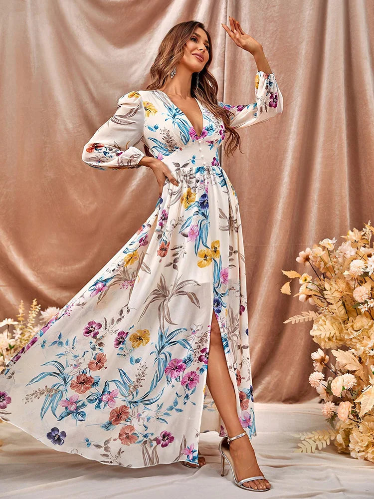 Floral Maxi Deep V-Neck Dress