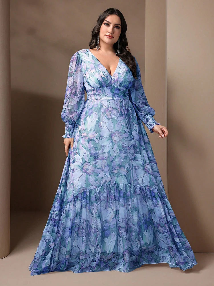  Floral Maxi V-Neck Lantern Sleeve Dress