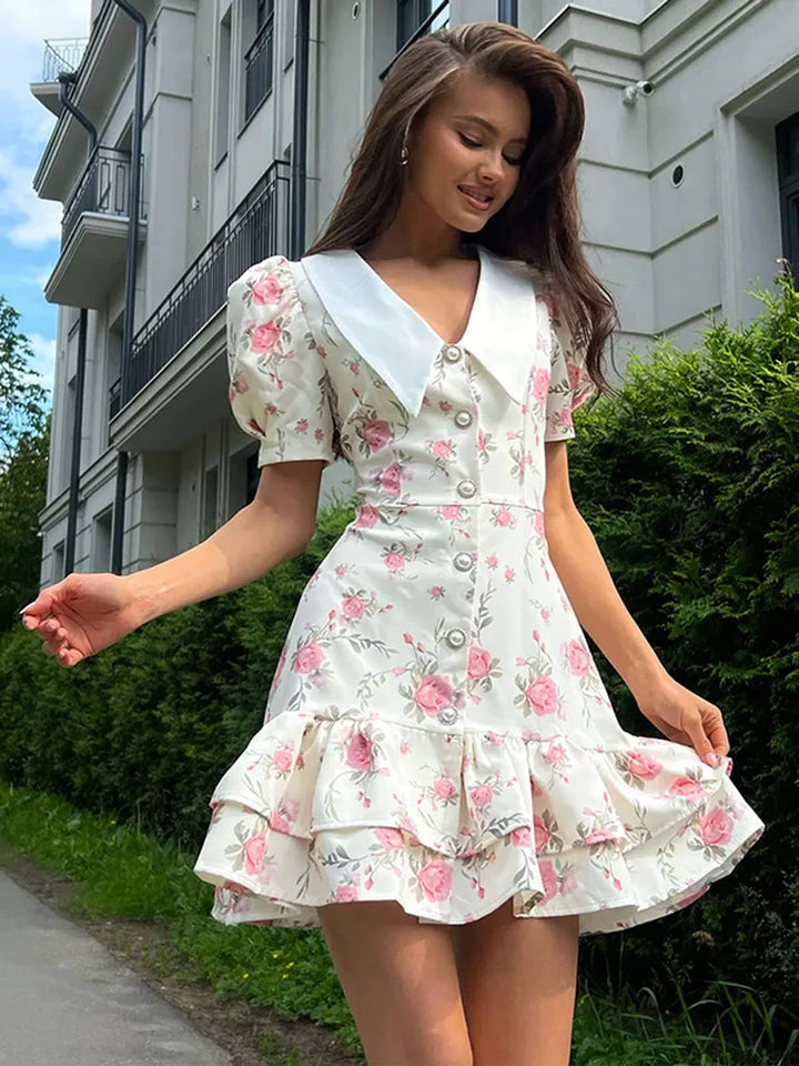 Floral Puff Sleeve Ruffle Mini Dress