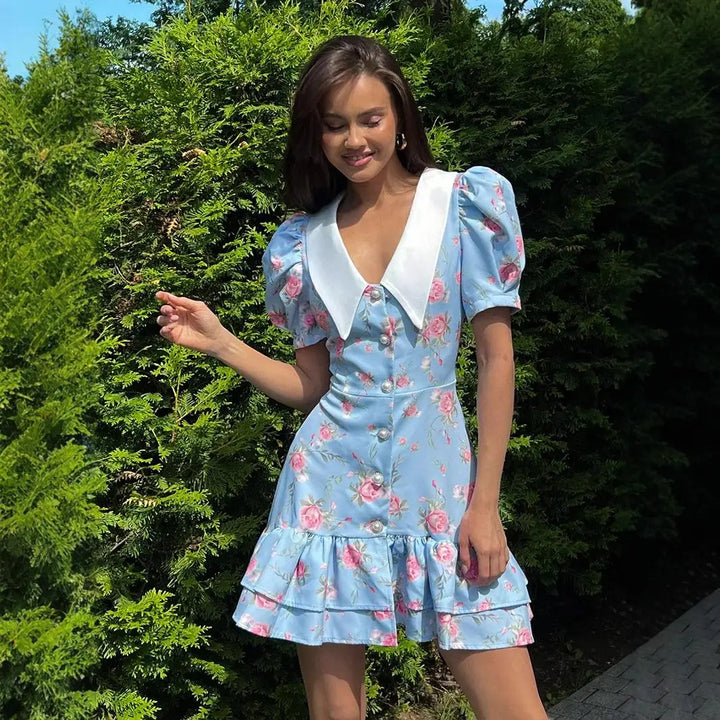 Floral Puff Sleeve Ruffle Mini Dress