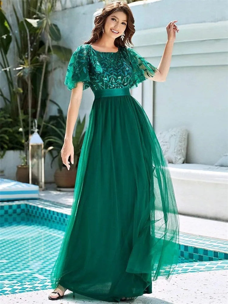 Embroidered Chiffon Flutter Sleeve Maxi Dress