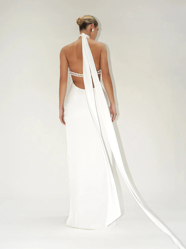Halter Backless Ribbon Evening Dress