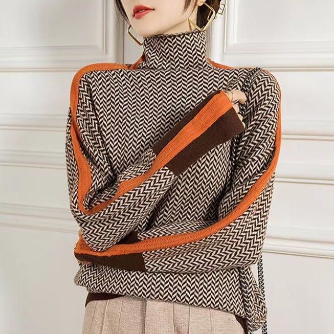 Herringbone Turtleneck Knit Sweater