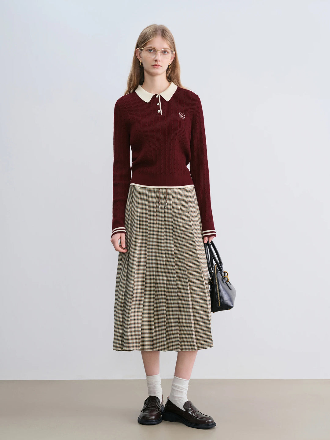 Houndstooth Pleated Midi Skirt