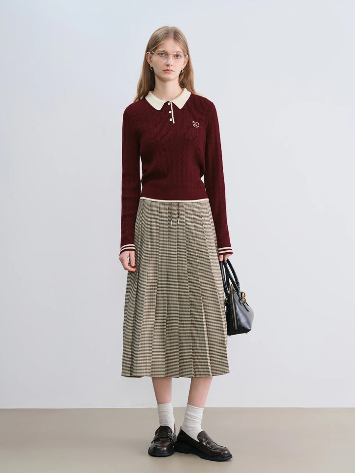 Houndstooth Pleated Midi Skirt