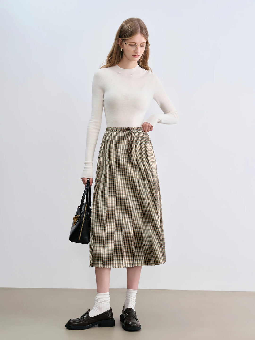 Houndstooth Pleated Midi Skirt