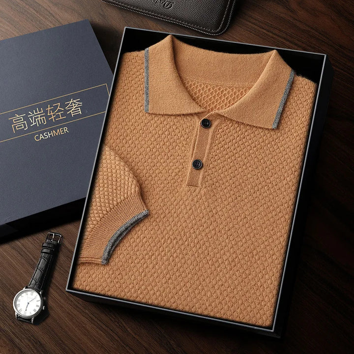 Short-Sleeved Cashmere Knit Polo Shirt