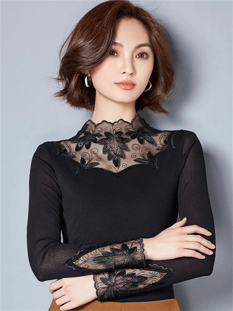 Lace Yoke High-Neck Blouse