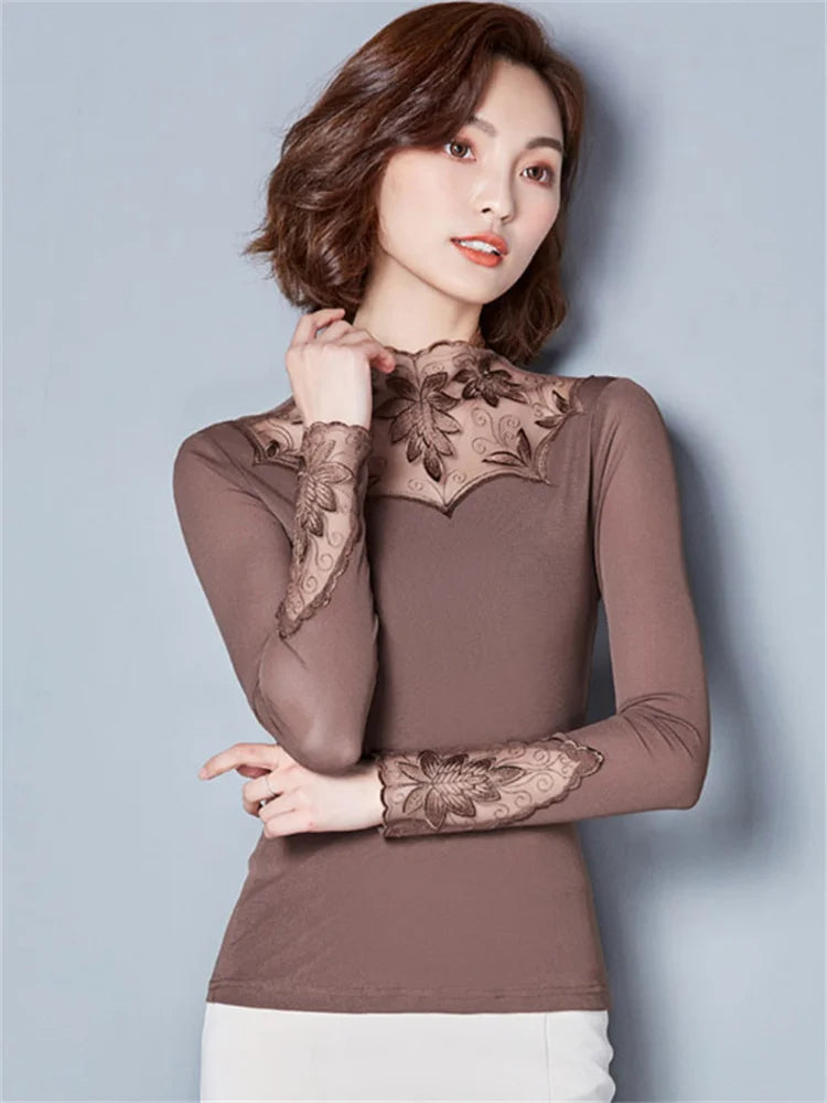 Lace Yoke High-Neck Blouse