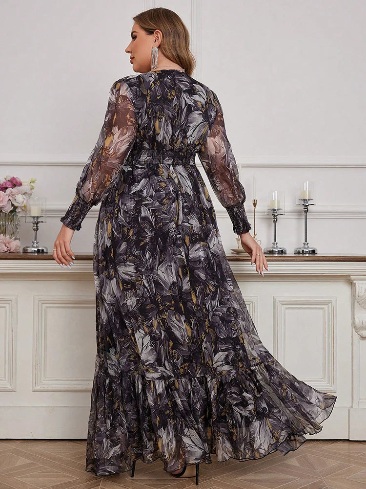 Floral Maxi V-Neck Lantern Sleeve Dress