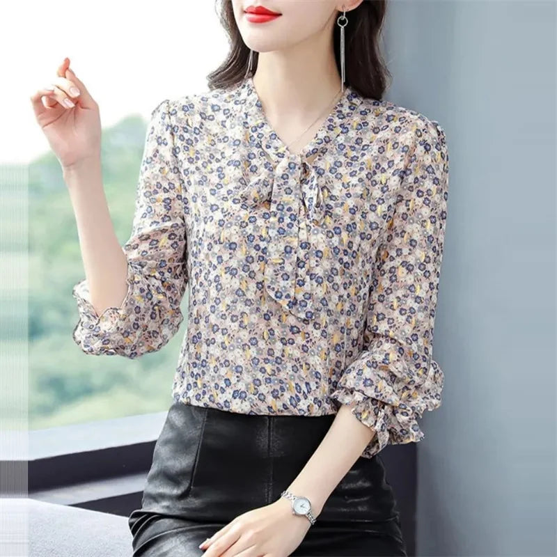 Leopard Chiffon Tie-Neck Blouse