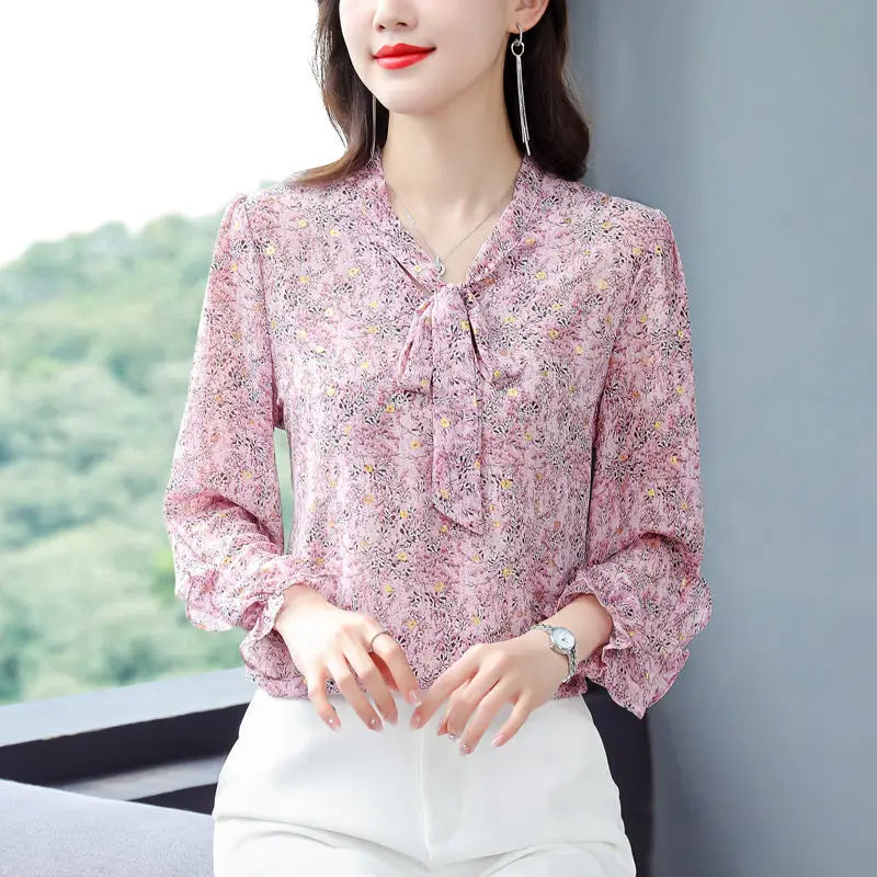 Leopard Chiffon Tie-Neck Blouse