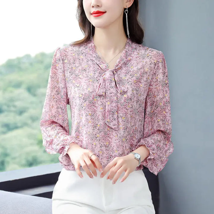 Leopard Chiffon Tie-Neck Blouse
