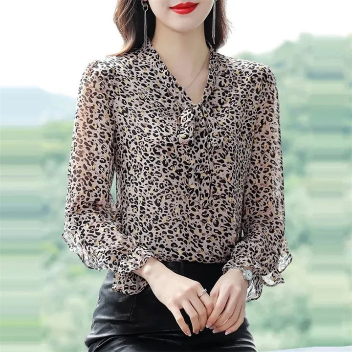 Leopard Chiffon Tie-Neck Blouse