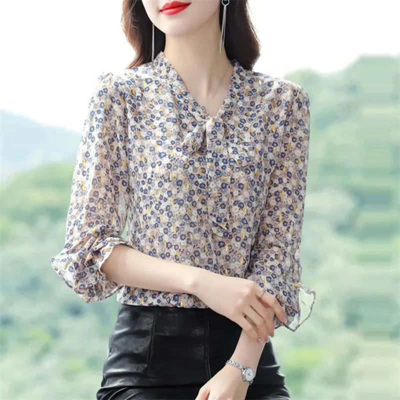 Leopard Chiffon Tie-Neck Blouse