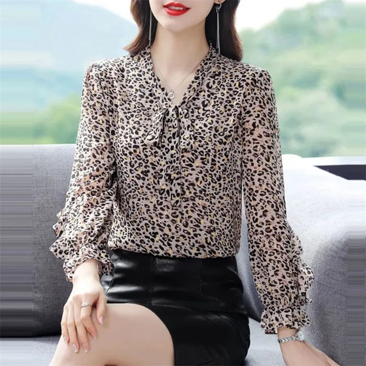 Leopard Chiffon Tie-Neck Blouse