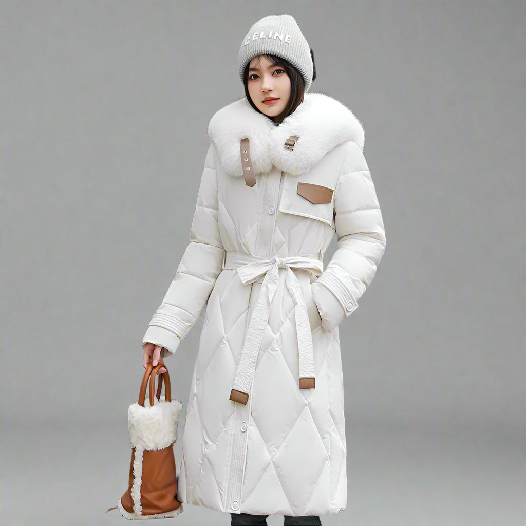 Long Belted Puffer Jacket Fur Trim