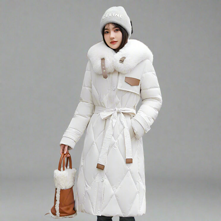 Long Belted Puffer Jacket Fur Trim