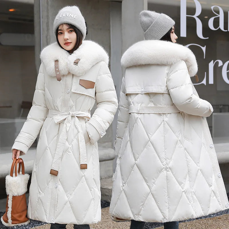 Long Belted Puffer Jacket Fur Trim