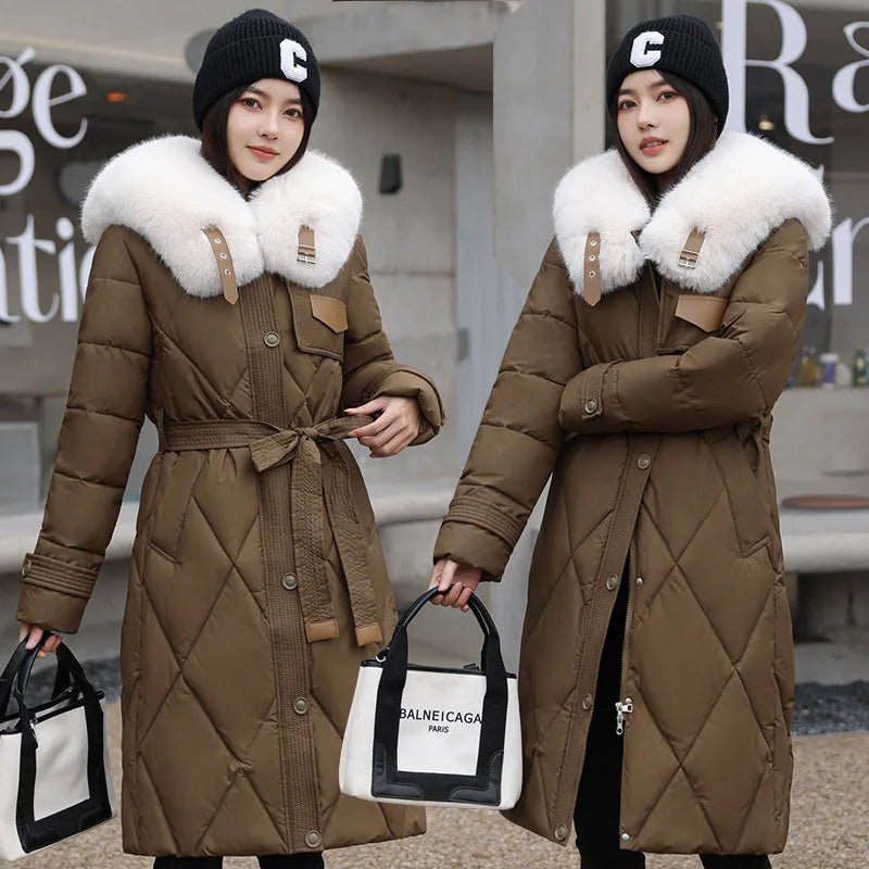 Long Belted Puffer Jacket Fur Trim